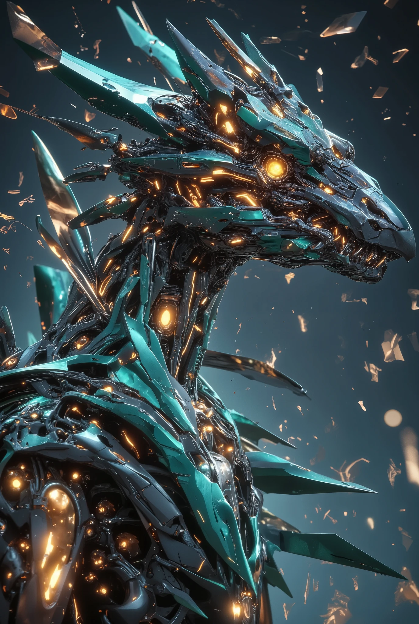 A mechanical dragon rendered in a Twilight Splintered Horizon, featuring jagged silhouettes against a twilight backdrop. Use contrasting cyan hue color and shinny gold glowing in layers to evoke an otherworldly, fragmented atmosphere --ar 3:2 --v 7.0