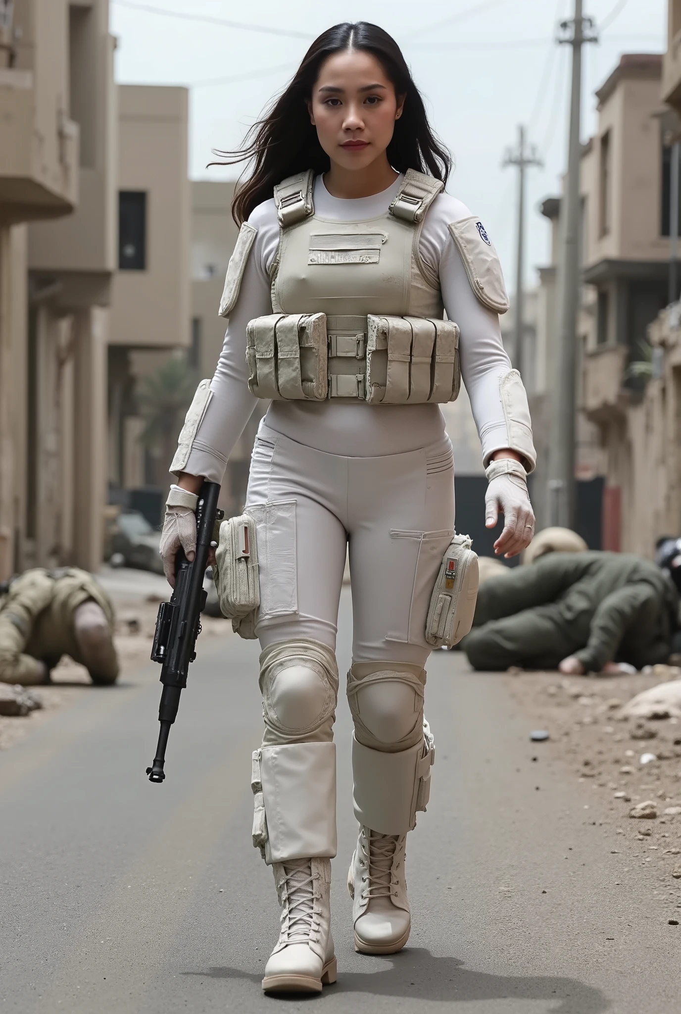 Realistic, real quality, beautiful woman, woman thick hair, woman Delta force Camuflase white outfit, woman delta force armor, woman sniper, woman complete with combat equipment, woman walking in road, all the dead people lying in the streets, quality detail