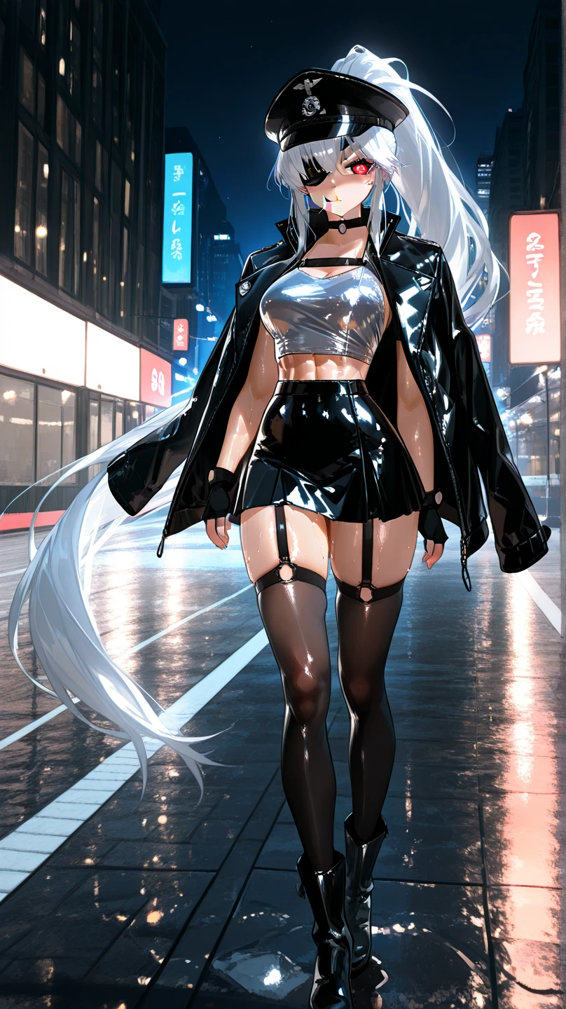 woman,14 years old,,city,night,(((white and blue tight miniskirt bodysuit))),,open mouth smile((See-through))Glasses,((Beautiful long ponytail)),((baby girl body shape))((blonde))