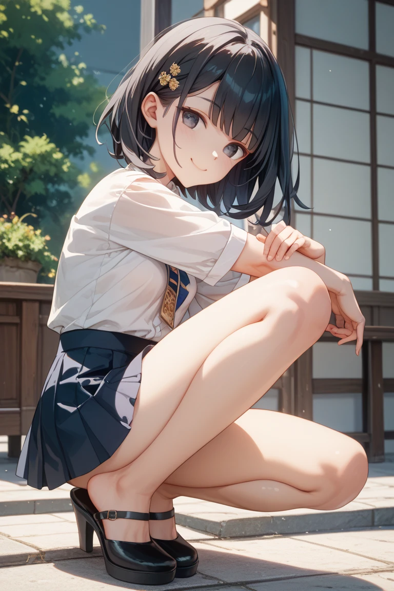 very cute and beautiful girl,(Very detailed美しい顔), (smile),blush,Black Hair,Seraphim,(White Shirt、Pleated navy blue pread your legs、Squat)、Sitting、(From below)、(Lacy white panties), Country road、Distant Tree々and the city, (Highest quality,masterpiece:1.0),Absurd,High resolution,Super detailed,Very detailed,32K,8k resolution, Intricate details,Movie Scenes,Detailed Background,alone,Dynamic Angle,