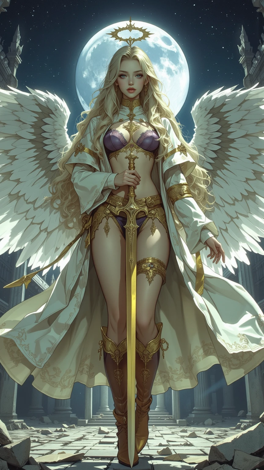 Female angels,Fine dissection,Bask in the glow,holding a large sword,Gorgeous angel wings with wingspan,Extremely detailed depiction,Stunning beauty,Soft and shiny,The focus is clear and unambiguous。 --auto