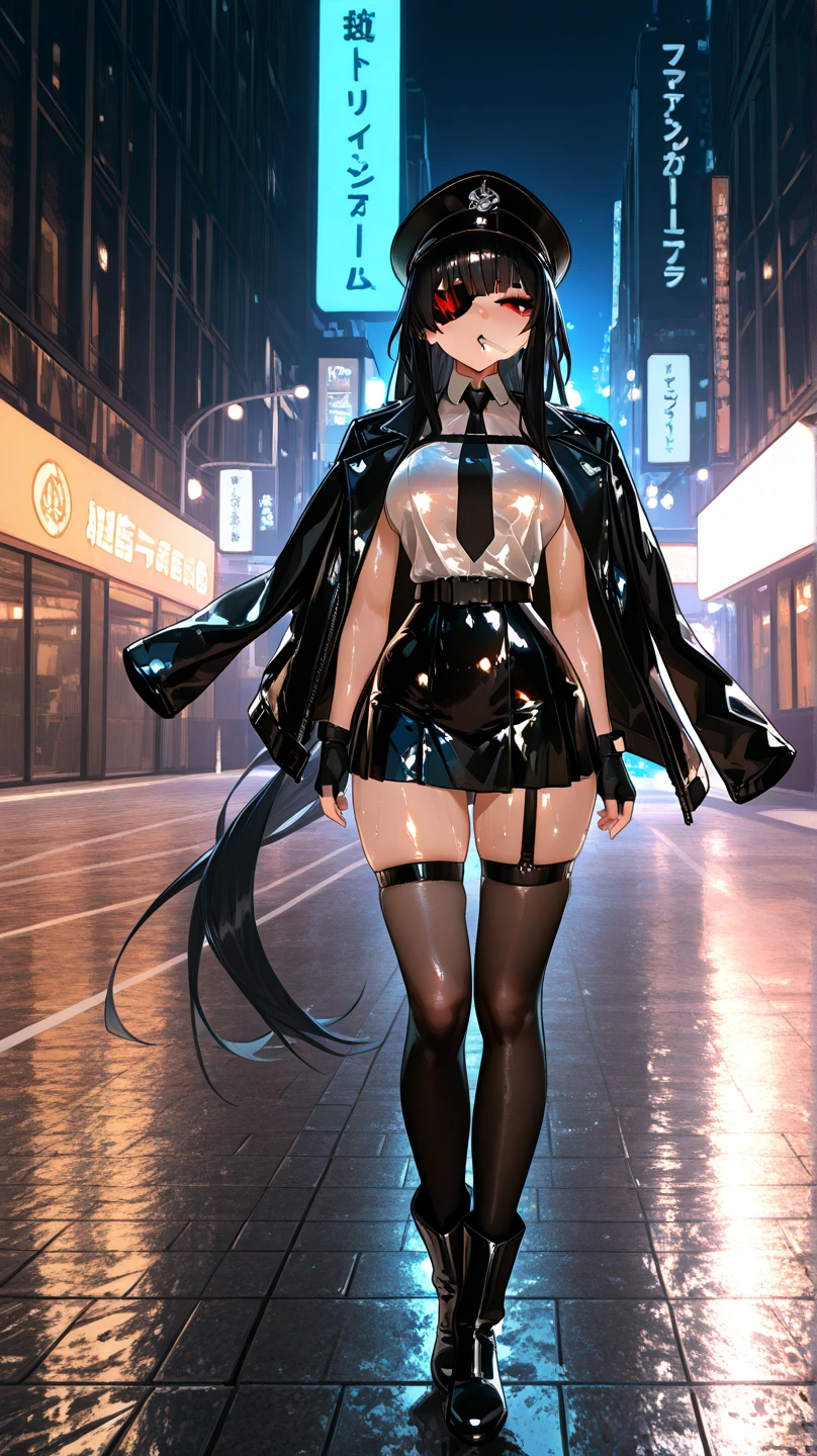 woman, pale skin, dark eyes, ear, eyebrow, smiling, lips, teeth showing, baby blue straight big hair, black shiny tight short dress, slim waist, thick legs, thick thighs, background scenery, ultra detailed street, night light , night, night day