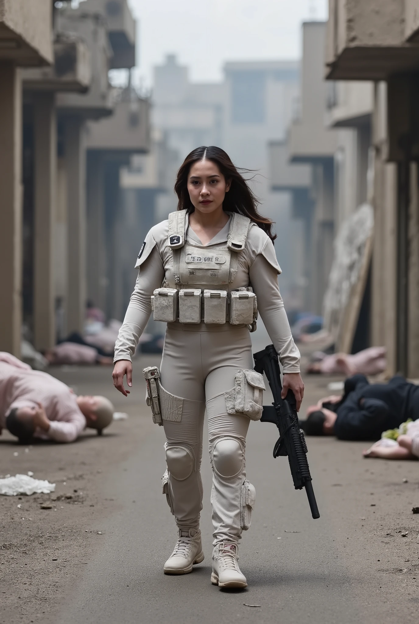 Realistic, real quality, beautiful woman, woman thick hair, woman sexy Delta force Camuflase white outfit, woman delta force armor, woman weapon sniper, woman complete with combat equipment, woman walking in road, all the dead people lying in the streets, quality detail