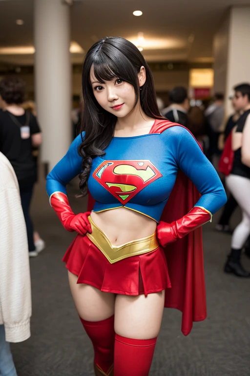 (High reality photograph, high resolusion, detailed face, detailed eyes), Japanese young lady, various face expression, solo:1, skinny figure, medium breasts, emphasizing very thin waist, various hair style, (((Supergirl Costume))), Black pantyhose on your feet, red boots, standing on a street, full-body photo, alone in a photo