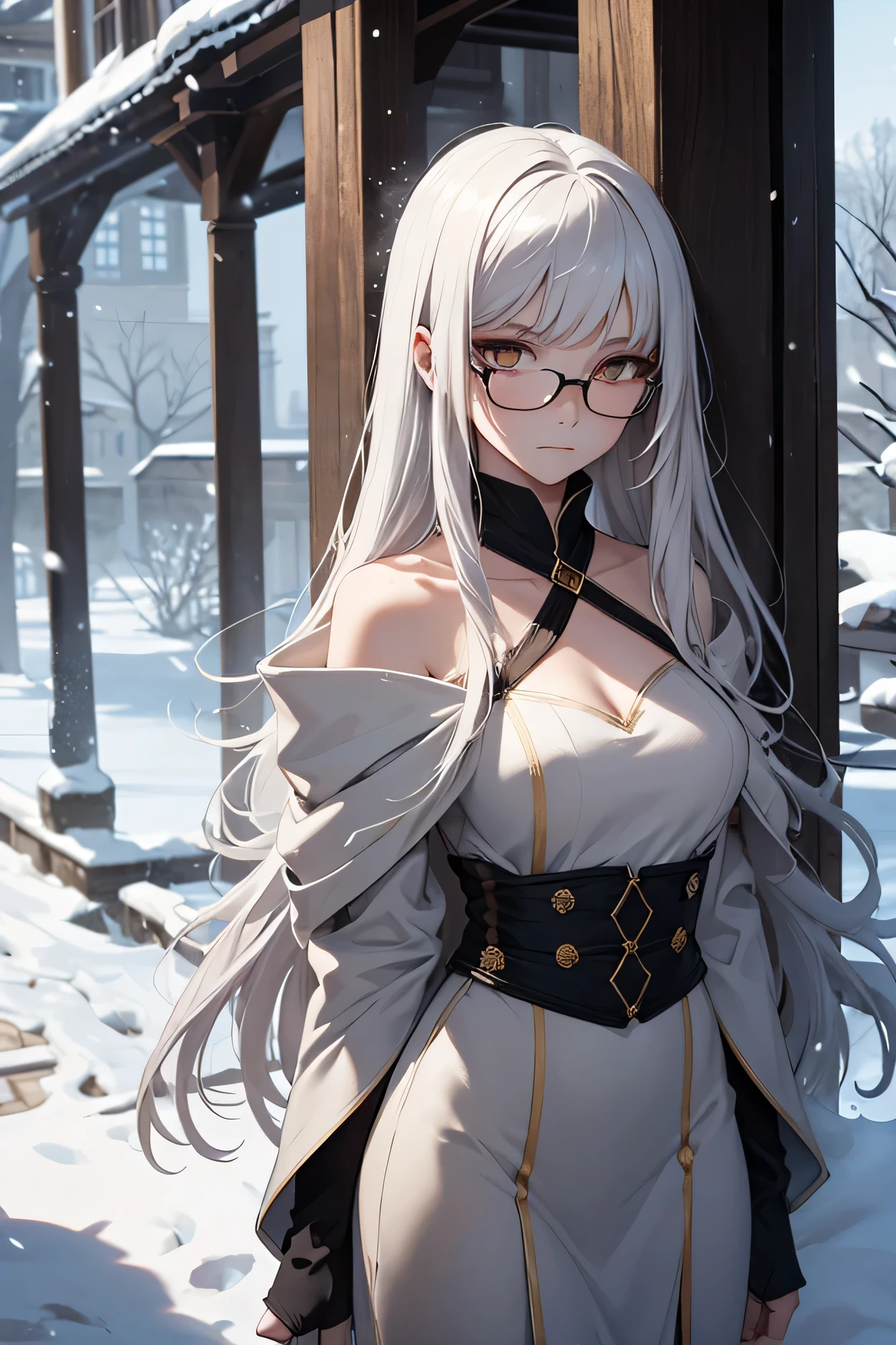 1girl, white long hair, multicolored hair, red eyes, mask on head, sidelighting, light particles, wallpaper,smoke a cigarette,wearing glasses,tattoo on face,big breasts,put on headphones