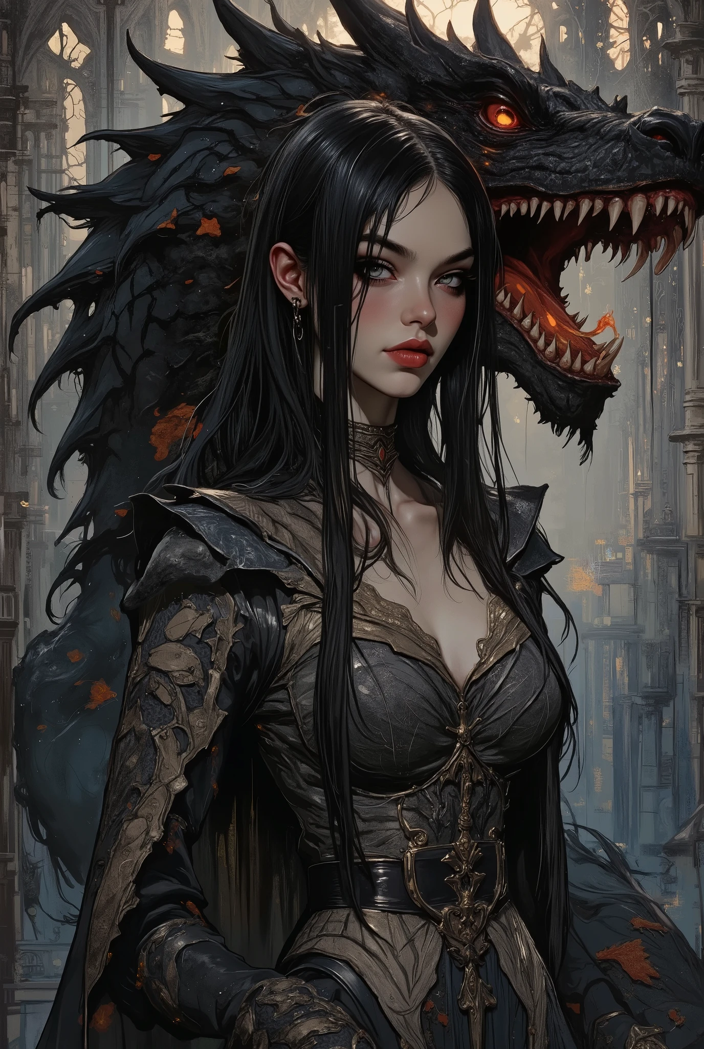 a woman with long straight black shiny hair and lilac eyes, which suggests a mythical character. She has pale porcelain skin, long false eyelashes, full dark red matte lips and a serious expression on her face. She is dressed in dark flowing clothes made of expensive patterned fabrics decorated with exquisite silver lace. From behind her, a large, menacing dragon with black scales glows like coals in a campfire and burning red eyes, its mouth is open, exposing sharp teeth, clouds of blue smoke are coming out of its nostrils, and flames are coming out of its mouth. In the background is a muted, misty mystical landscape, peeking through the fog, the outlines of beautiful dark trees and Gothic architecture, enhancing the mystical and dramatic atmosphere. Accent lighting, cold moonlight. The composition is vertical, with a woman and a dragon in the center, which creates a striking contrast between human and mythical elements. Highly detailed stylized digital art with elements of illustration, hand painting, fantasy and Gothic.