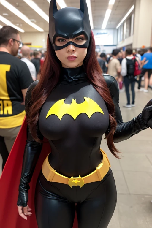 woman, beautiful, cluster, wet skin, realistic, original, batgirl costume, red lips, use glasses, some torn in clothes, open half breast, good breast