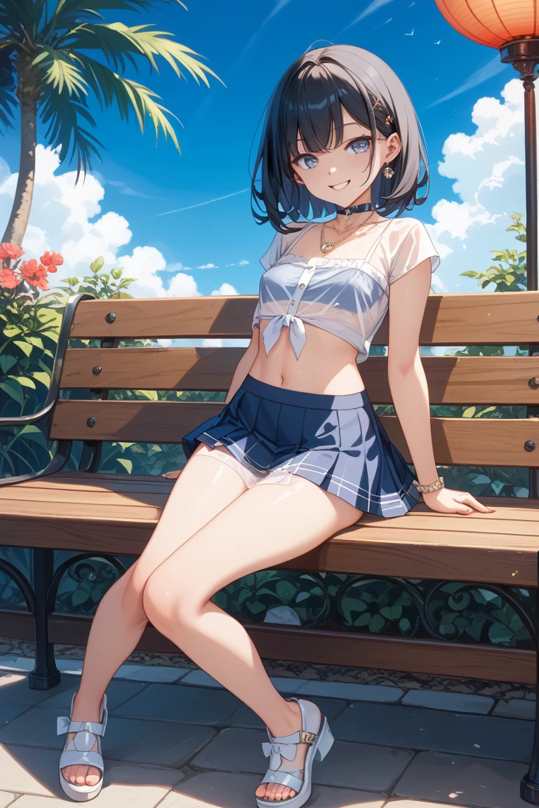 masterpiece, best quality, 1girl, solo, juriswim, tied shirt, bikini under clothes, necklace, short shorts, visor cap, sitting,spread legs,medium breasts,embarrassed