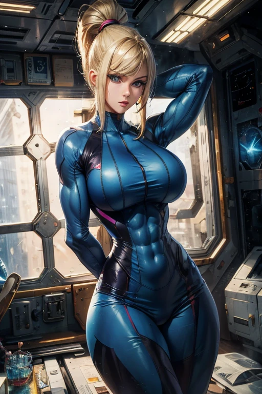 (best quality,4k,8k,highres,masterpiece:1.2),ultra-detailed,(realistic,photorealistic,photo-realistic:1.37),Samus Aran wearing Zero Suit,[unzipped bodysuit:0.9],[cleavage:0.9],detailed face,beautiful detailed eyes,beautiful detailed lips,extremely detailed eyes and face,long eyelashes,fit and athletic body,blonde hair flowing on shoulders,strong and confident posture,dynamic action,muscular arms,futuristic background,portraits,sci-fi color palette,intense lighting,sci-fi concept artists