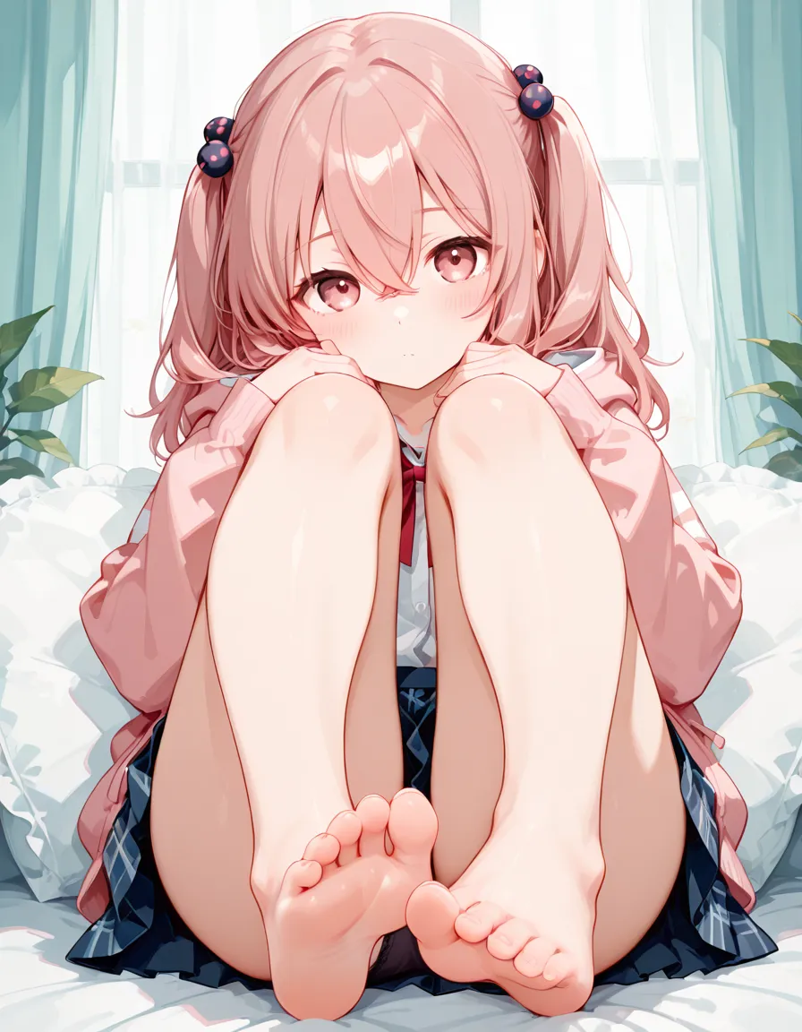 Beautiful illustrations, Highest quality, (12-year-old girl:1.4)、(pretty girl:1.5)、 girl、Flat Chest、Sailor collar、(White long tunic:1.4)、Long sleeve sailor suit、Blue-line cuffs、(Pink Chino Shorts:1.7)、(Pink shorts with wide openings:1.6)、Gap between thigh and shorts、Thin thighs、White socks、 Cinema Lighting, (Pink long hair)、Pink Straight Hair、Redness on the cheeks、(Braiding of the back of the head)
