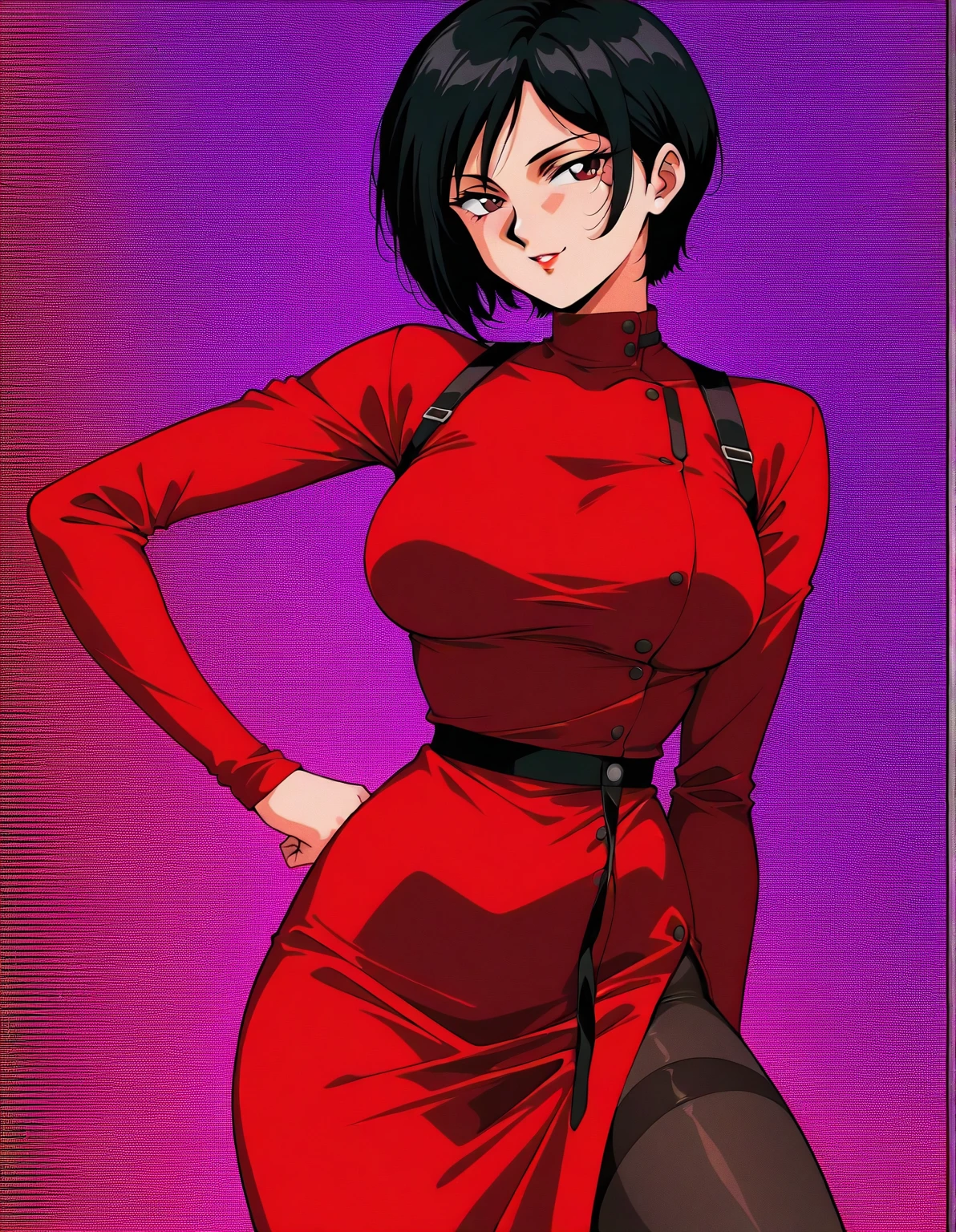 1girl, purple eyes and dark purple hair, bob cut, medium length haircut, black leather jacket, long red-colored shirt with several rips at the collar and hem, black pants, black choker, (berserk style)