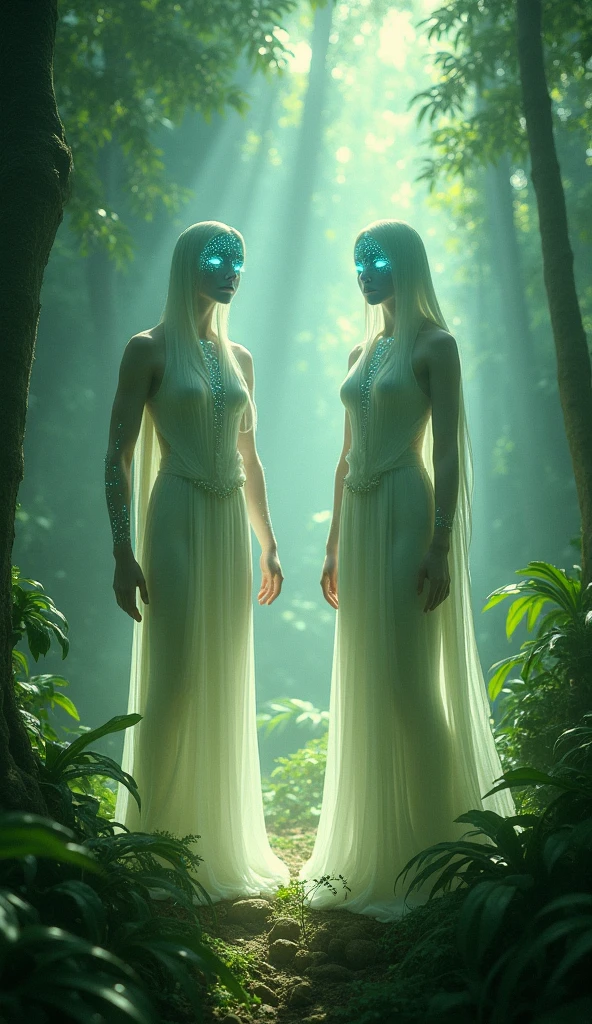 blue humans, transparent, who walk with 2 legs with indigenous clothes something that looks like avatar
