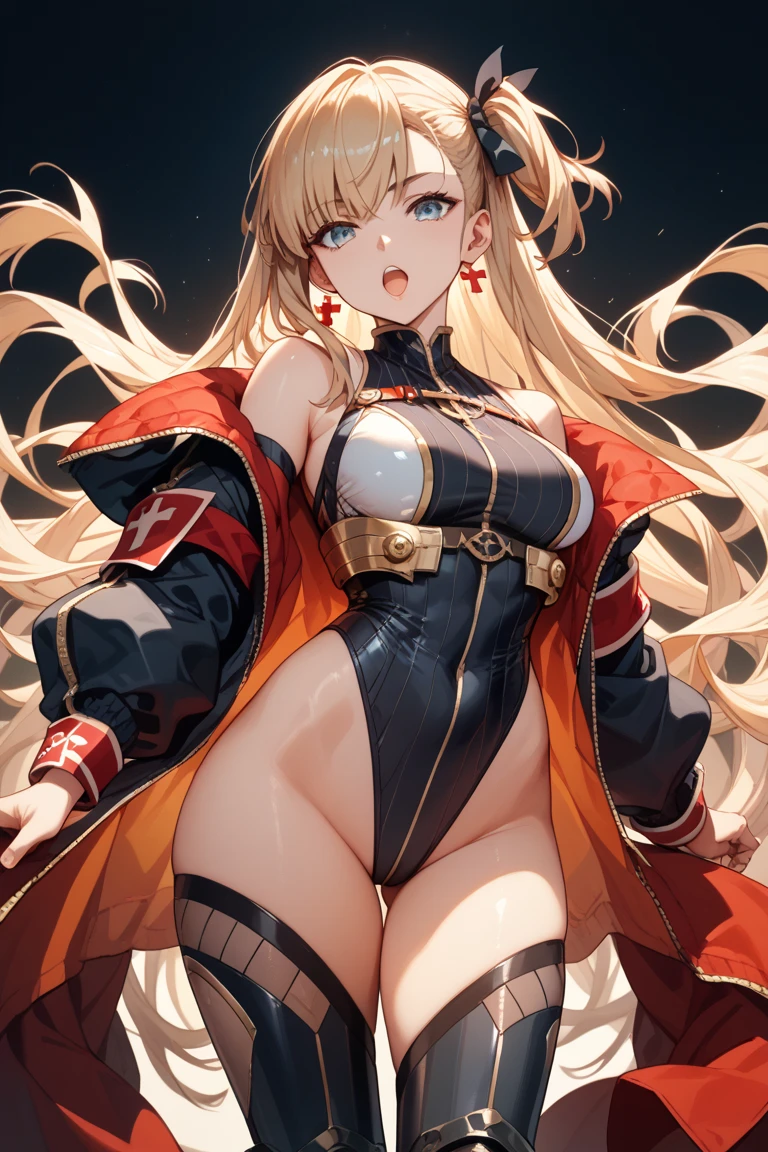 top-quality、Top image quality、masterpiece、An elf girl((18year old、Best Bust、big bast,Beautiful blue eyes、Breasts wide open, Blonde twintails、A slender,Large valleys、red scarf、Clothes in black robes、Fall on your back、Lateral view))hiquality、Beautiful Art、Background with((Inside a triangular tent、nigh sky)))、,masutepiece、visualart、depth of fields、