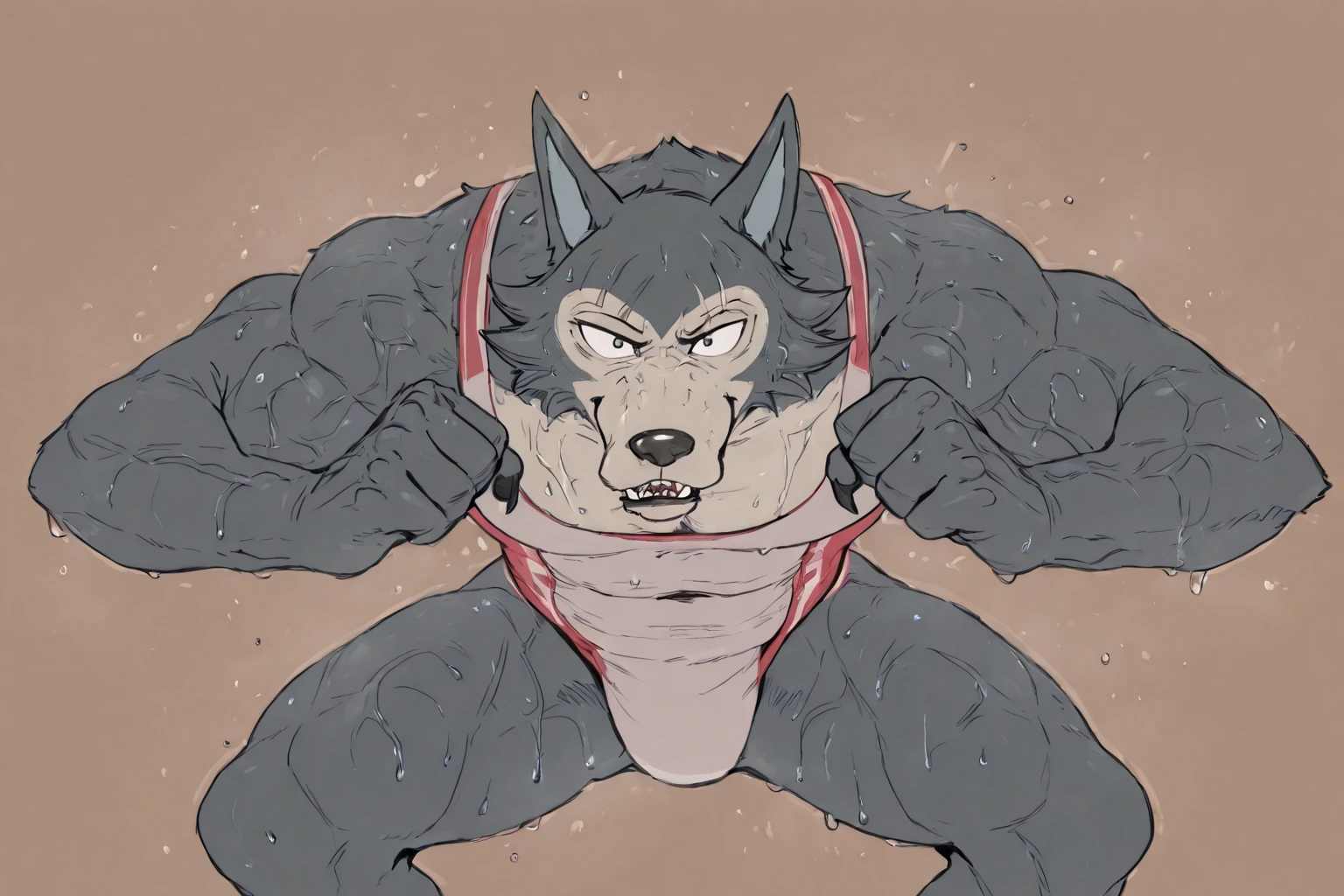 Werewolf,big werewolf,male,anthro,balls,knot,sheath,seductive,high angle view,nipples,very fluffy,cowboy suit,tank top,cowboy hat,cowboy pants,pants opened,big knot,showing foot,foot pawpads