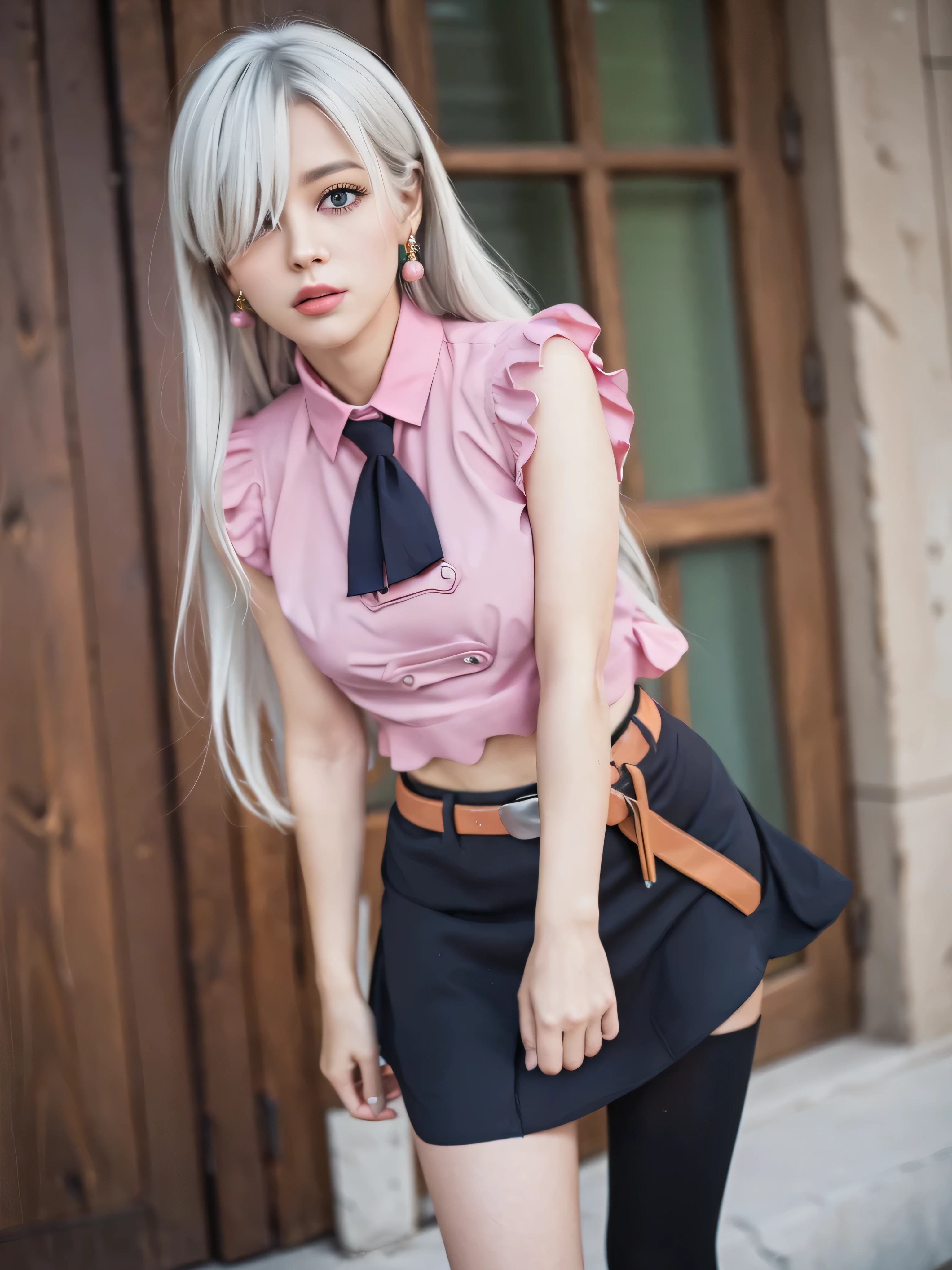 masterpiece, best quality, highres, Elizabeth, 1girl, jewelry, single thighhigh, silver hair, hair over one eye, midriff, black skirt, asymmetrical legwear, pink shirt, black thighhighs, belt, miniskirt, landscape, standing, standing, portrait, upper body