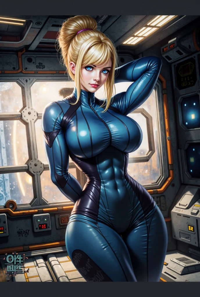 vault girl, blue body stocking. full body shot, female,deep vneck, cleavage, navel, unzipped, green eyes, cameltoe, blonde hair, pale blue eyes, wide hips
