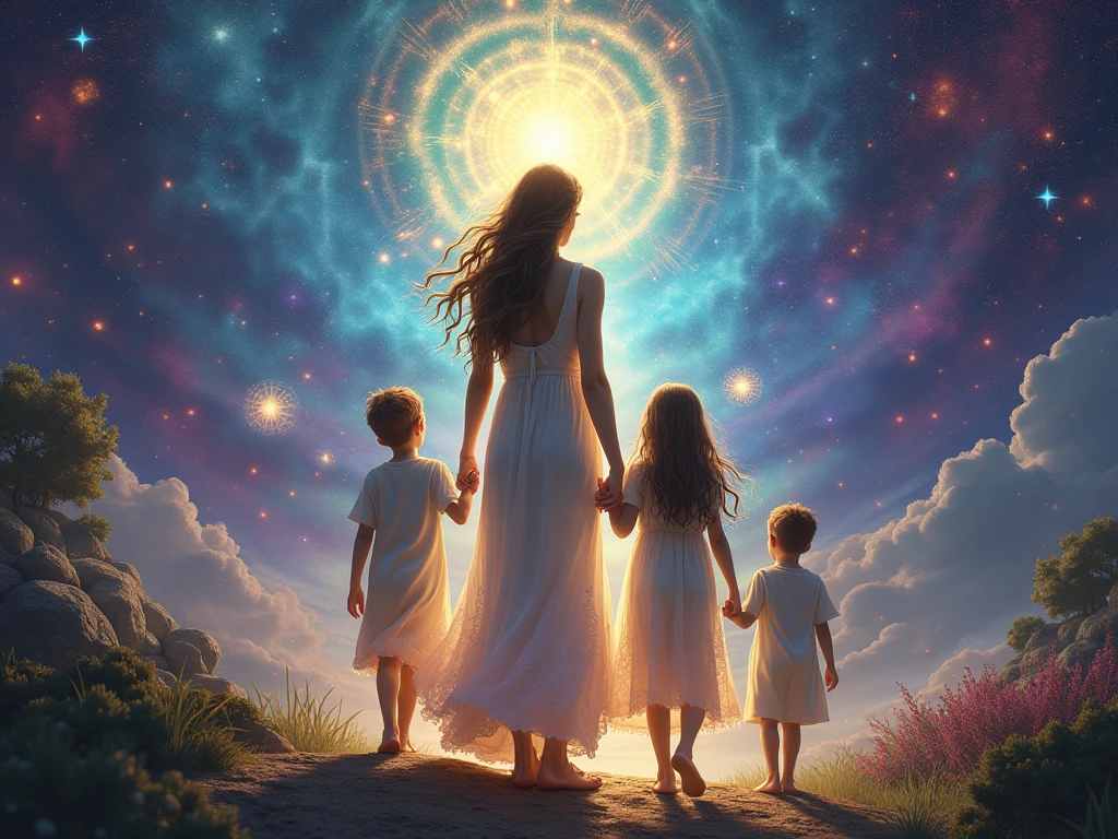Magical mom with her children surrounded by infinite light, portals and sparks of light