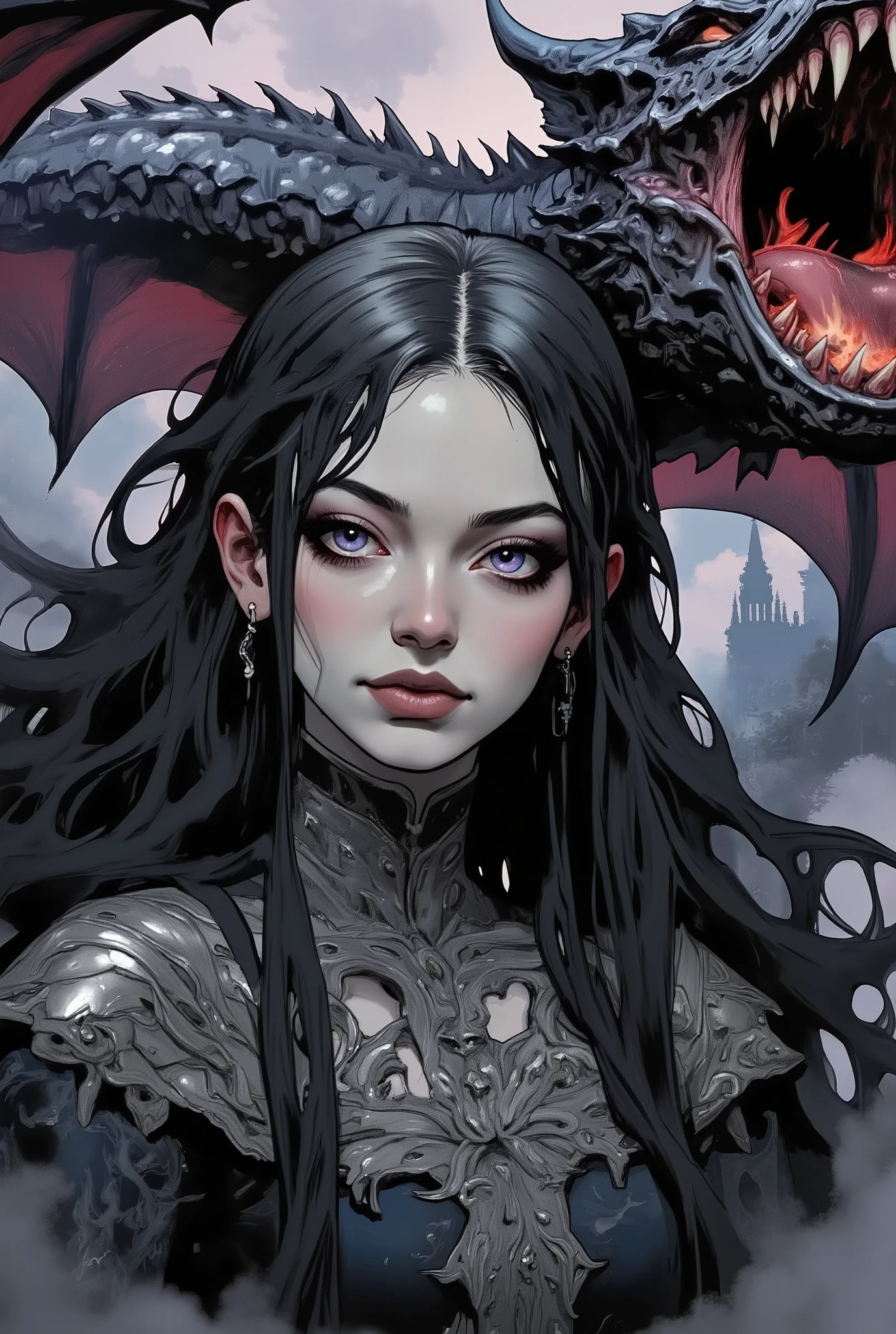 a woman with long straight black shiny hair and lilac eyes, which suggests a mythical character. She has pale porcelain skin, long false eyelashes, full dark red matte lips and a serious expression on her face. She is dressed in dark flowing clothes made of expensive patterned fabrics decorated with exquisite silver lace. From behind her, a large, menacing dragon with black scales glows like coals in a campfire and burning red eyes, its mouth is open, exposing sharp teeth, clouds of blue smoke are coming out of its nostrils, and flames are coming out of its mouth. In the background is a muted, misty mystical landscape, peeking through the fog, the outlines of beautiful dark trees and Gothic architecture, enhancing the mystical and dramatic atmosphere. Accent lighting, cold moonlight. The composition is vertical, with a woman and a dragon in the center, which creates a striking contrast between human and mythical elements. Highly detailed stylized digital art with elements of illustration, hand painting, fantasy and Gothic.