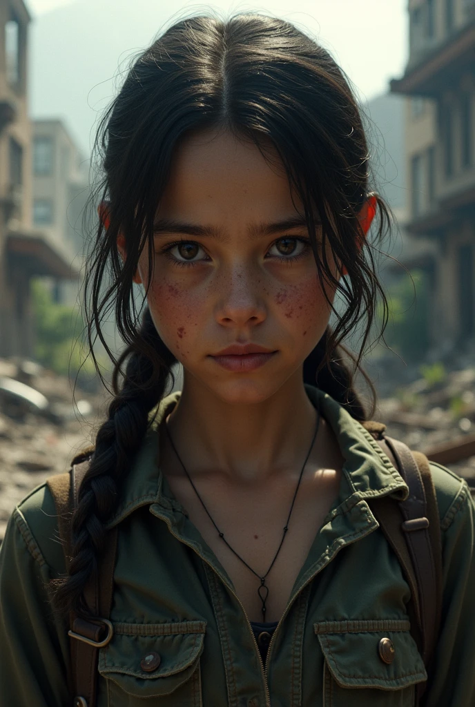 1 girl, (((beautiful girl))), There is a red rose in her hand, she's wearing scraps of clothes, Her hands and face are dirty, she's wandering through a ruined city, post-apocalypse, professional photo, extremely detailed, best quality, (Masterpiece:1.5), (best quality:1.5).