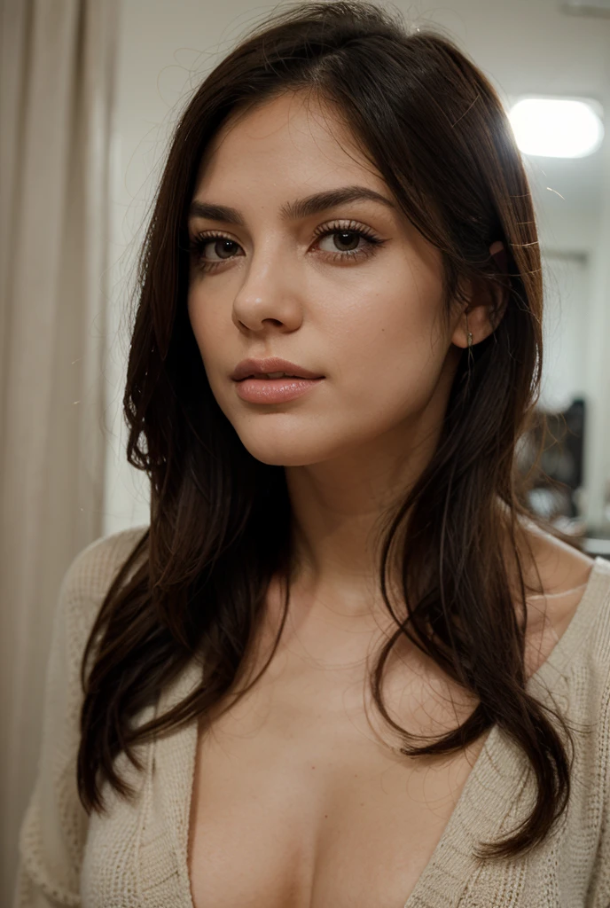 Make a realistic photo of a beautiful girl ( Hollywood star) at a movie star party in a wig, leave some space above the girl so I can insert text later