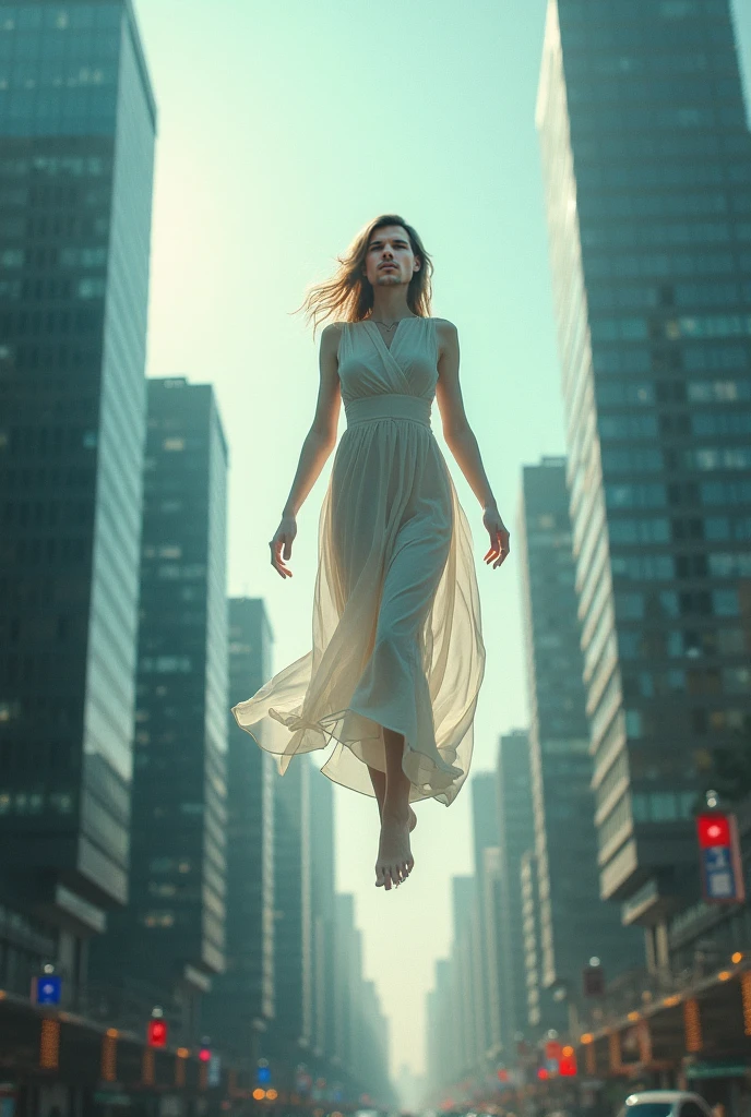 A beautiful woman flying past tall buildings