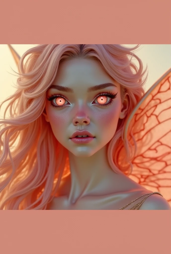 Rosy maple moth fairy princess, long hair beautiful face close up pink eyes sunset hair