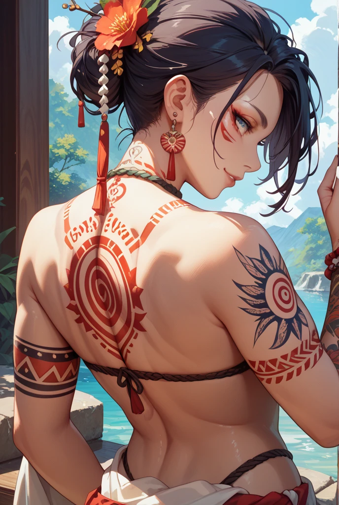 ((masterpiece, highest quality, Best image quality, High resolution, Realistic, RAW Photos, 8k)), ((Highly detailed CG synthesis 8k wallpaper)), (Huge and stunning goddess shot, Very hot and sexy, Incredible beauty, Perfect balance, Beautiful body, Slim body beauty:1.4), (Back Tattoo:1.8), Full Body Tattoo, Spider and rose tattoo, Turn your back, (View from behind:1.9), (From waist to shoulder:1.2), Wearing a tight skirt、Hiding her chest with her hands, Pay attention to the back,