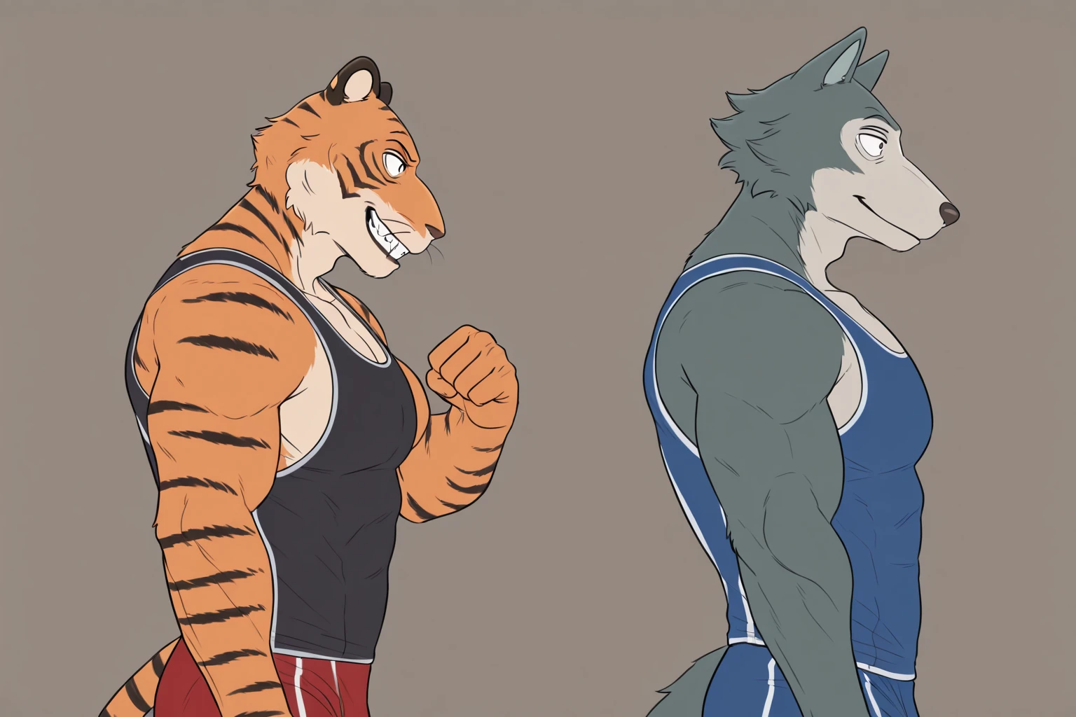 anthro Arcanine, multiple arcanine, characters talking to each other, 4k, high resolution, best quality, posted on e621, (multiple characters:1), anthro body, male, adult, very masculine, (very muscular, heavyweight:1.2), correct anatomy, (locker room background), (by wfa, by chunie:0.8), (by Taran Fiddler:1.0), (detailed eyes:1.2), (watercolors:1.0), (workout clothes:1.0), (black stomach, black chest:1.0), (sweat:1.2), characters looking at each other
