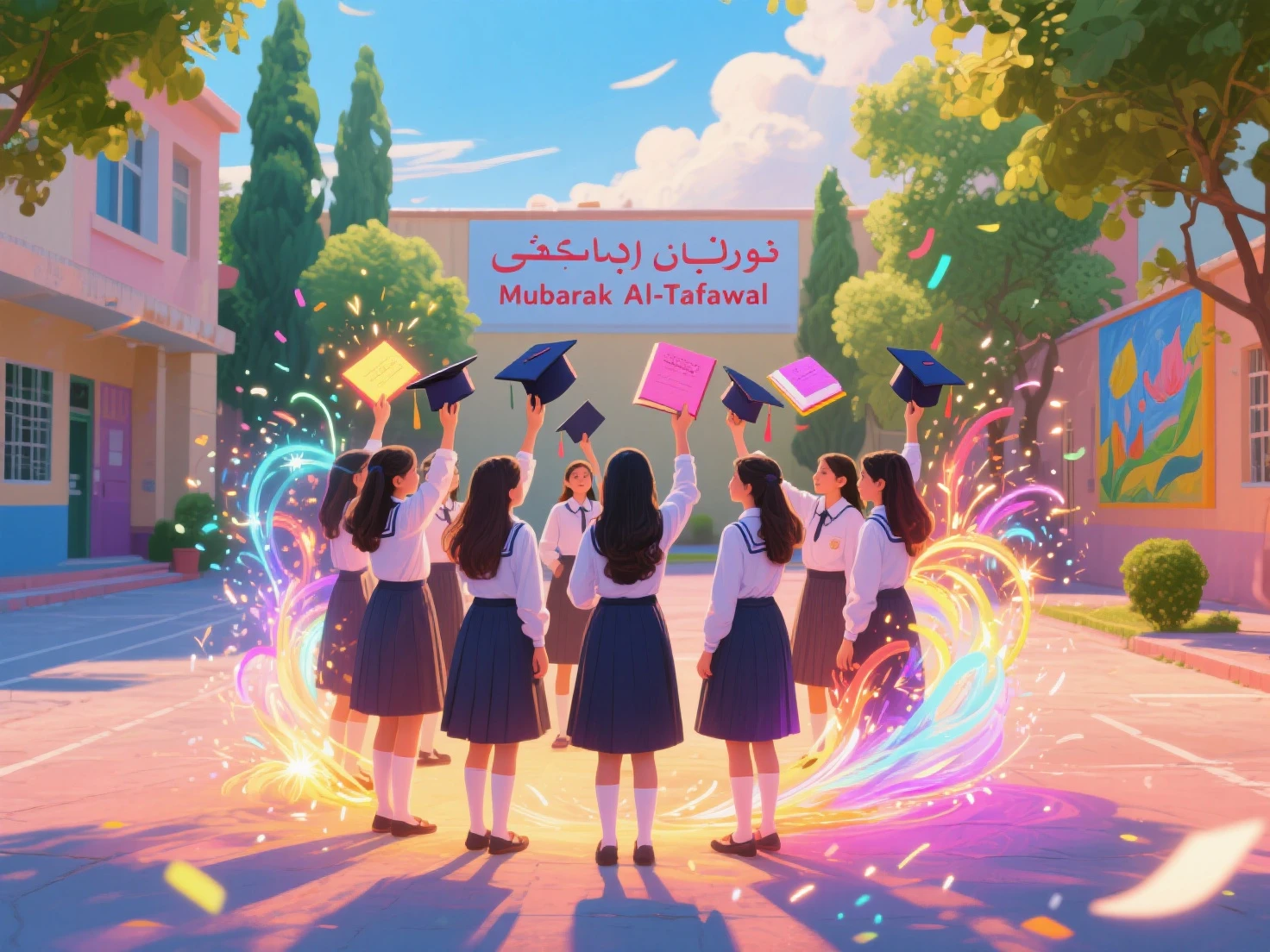 Pixar style, 3 women wearing hijab, pastel brown color hijab, wearing black graduation hat, wearing blue graduation hood with yellow color on the edge, wearing black graduation gown, Long graduation gown that covers the ankles, wearing black shoes , rice field background with flowers,mountain background with waterfall, kawaii theme designs, kawaii poses