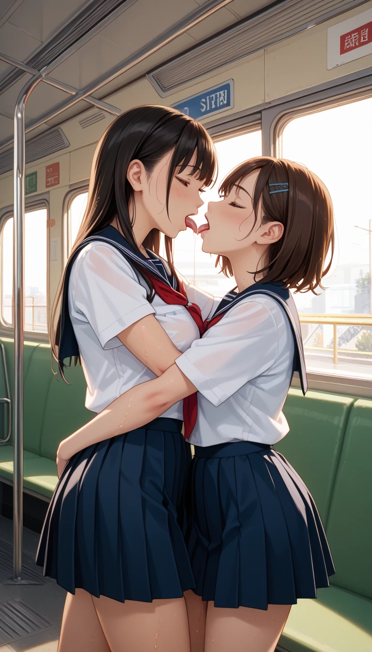 (masterpiece, best quality, the most important work:1.2), 8k, 15yo, 85mm, official art, raw photo, absurd Res, white dress shirt, pretty face, close up, upper body, violaceus, gardenias, beautiful girl, , (navy pleated skirt:1.1), cinch waist, thighs, short sleeve, in train, sitting on bench seat, looking at viewer, no makeup, (smile:0.4), film grain, chromatic aberration, sharp focus, firelight, clear lighting, teen, detailed face, bokeh background, (dark red necktie:1.1), (perfect anatomy, perfect hands), (two young girls is deeply in love with each other, kiss:1.3)