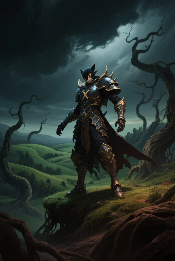 Lobo de metal, espada nas costas,4k, olhos vermelhos, armadura negra