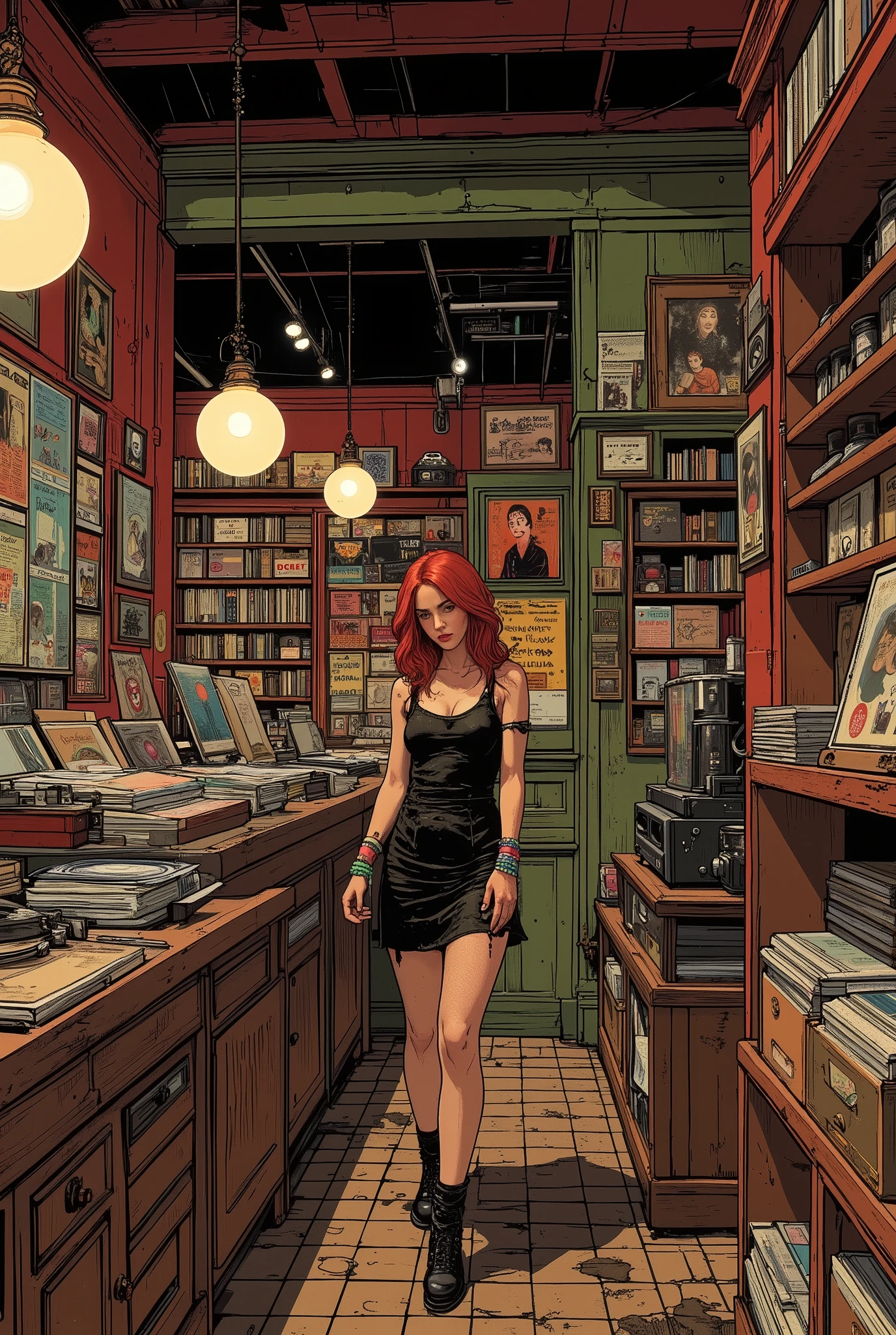 A small, cozy vinyl record store with rich finishes. The walls are covered with records and vintage music posters. The interior is decorated in warm burgundy and green tones, which creates a nostalgic, welcoming atmosphere. There is a wooden counter in the center. There is a red-haired girl in a tank top dress, fishnet tights, with colorful beaded bracelets on her hands. The space is filled with music-related details: turntables, speakers, drawers with albums and handwritten labels. Soft diffused lighting enhances the intimate atmosphere, creating a sense of life and art.