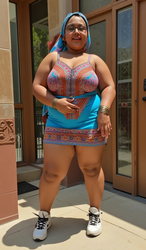 a plus size Papua New Guinean woman wearing a short flowery summer dress. she has very short braided hair, she has massive breasts and very wide hips, printed on her dress are the words, "VIVIANE BEN", background is the gateway to Neverland, Samsung Galaxy S24 Wallpaper Theme