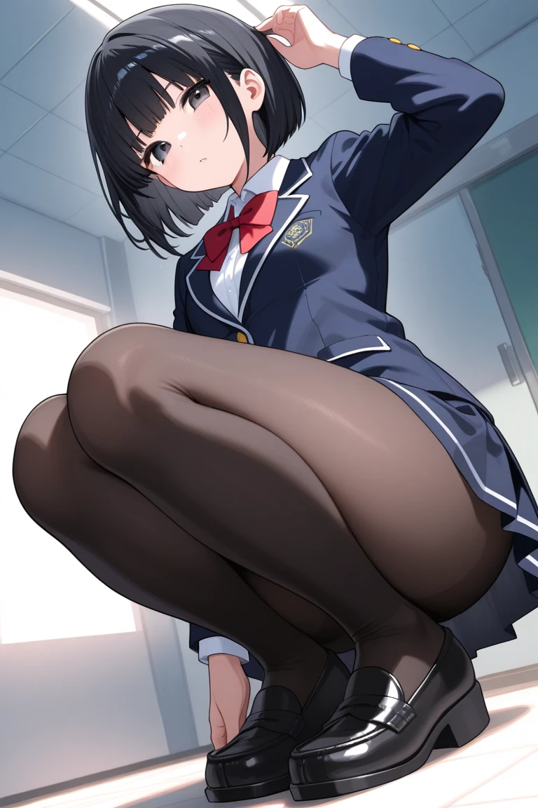 One Girl, Five Fingers, mini skirt, Looking down at the viewer, Black Hairロングヘアー, Highest quality, Focus on the thighs, Dynamic pose, smile, blazer, blouse, Black Pantyhose, panties under pantyhose, Standing Split, classroom, Black Hair, Stylish pose,My thighs and groin are steamy