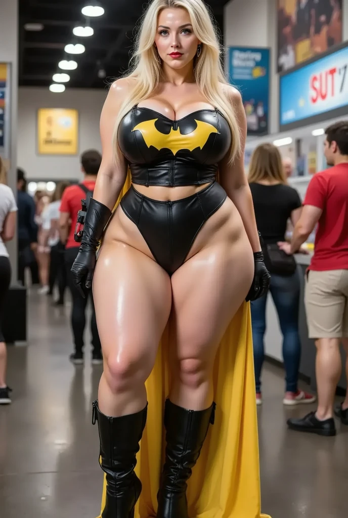 ((best quality)), ((masterpiece)), (detailed), 1girl, one girl, 8k_wallpaper, extremely detailed eyes, extremely detailed body, beautiful face, perfect face, detailed ((blonde hair)), (gold eyes), (( big blue horns)), {{dark skin}}, ({dark skinned female}), gigantic breasts, thick thighs, strong arm and leg muscles, strong abdominal muscles, Korean girl, a predatory mischievous smile with fangs, a vulgar smile, a playful look, style - a hot rock girl, a dark red open jacket with rolled up sleeves, a belt of yellow silk and gold chains, gold bracelets and leather short gloves, short denim mini shorts through which the outlines of a wet woman appear pussy, a rock guitar hanging behind his back, walking down the street of the evening city,