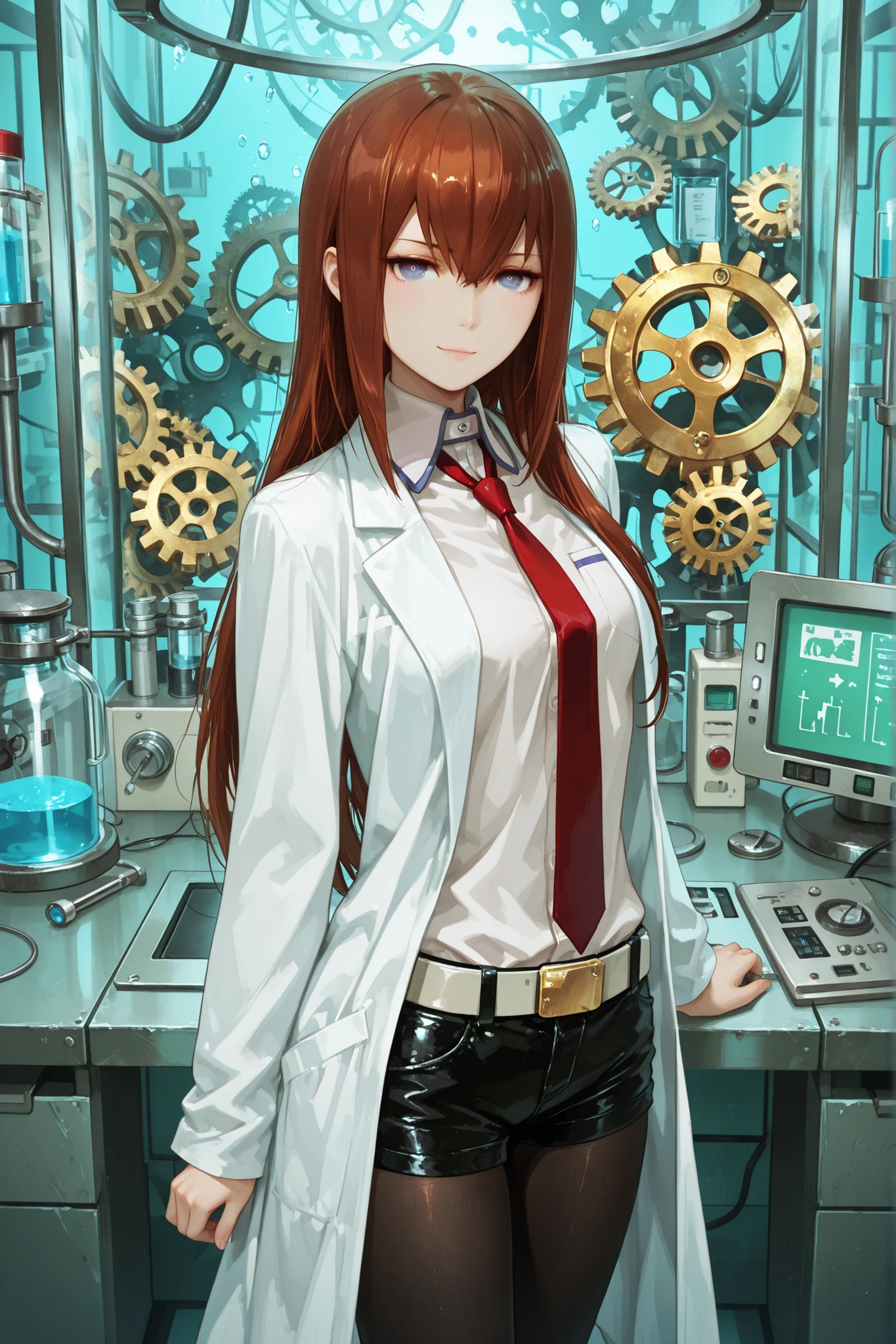 1girl, makise kurisu, blue eyes, short shorts, long hair, pantyhose, necktie, jacket, shorts, shirt, pantyhose under shorts, lab coat, straight hair, gears, dress shirt, belt, hair between eyes, collared shirt, standing, looking at the viewer, gentle smile, pretty, attractive, in the laboratory, dynamic pose, best quality, masterpiece, ultra detailed, very aesthetic