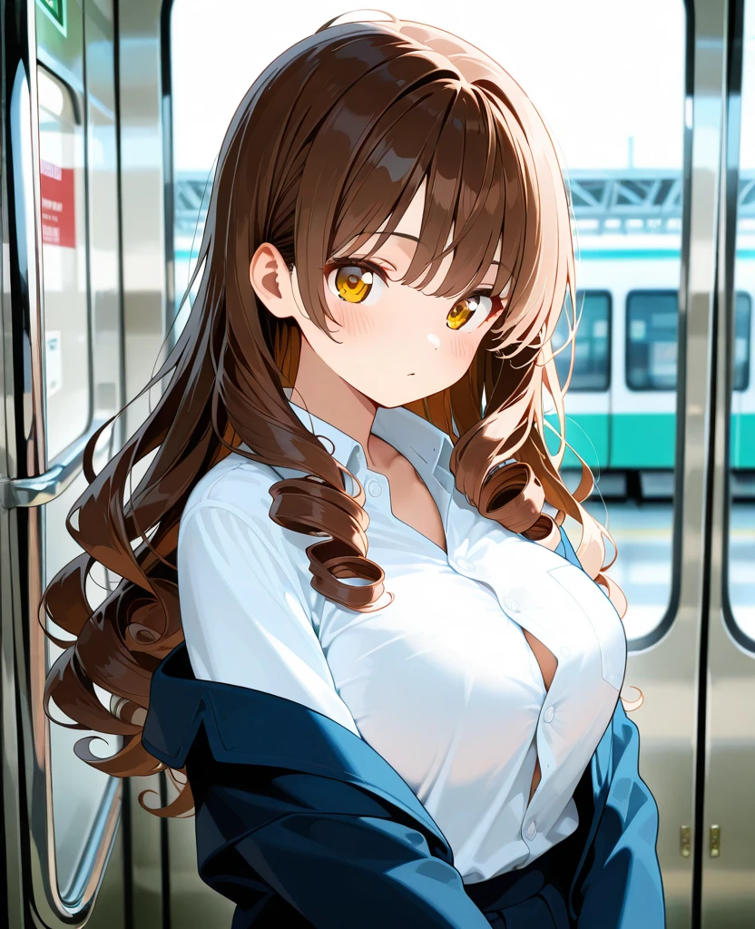 1 Girl、Brown Hair、semi-long、、blazer、Pleated skirt、solo、Yellow Eyes、Highest quality、Masterpiece、Clear focus、Large Breasts、Perfect body、cute、Fine eyes、On the way home、
