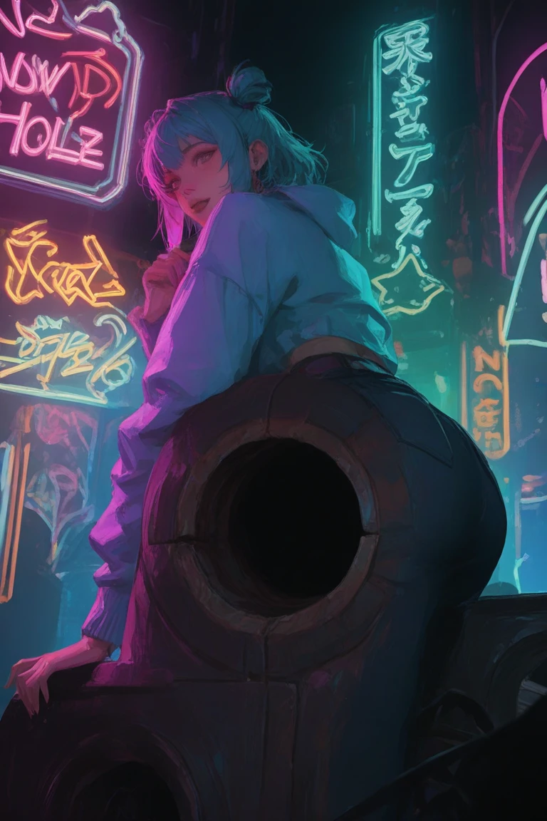 (best quality, masterpiece), 1girl, holo jacket, cyberpunk, neon, fog, (cartoon: 1.5), sexy, thong, big chest, tight, small, small, neon signs, ramen shop, fishnet very low, transparent, very long hair, from the back, ass, bubble butt, string