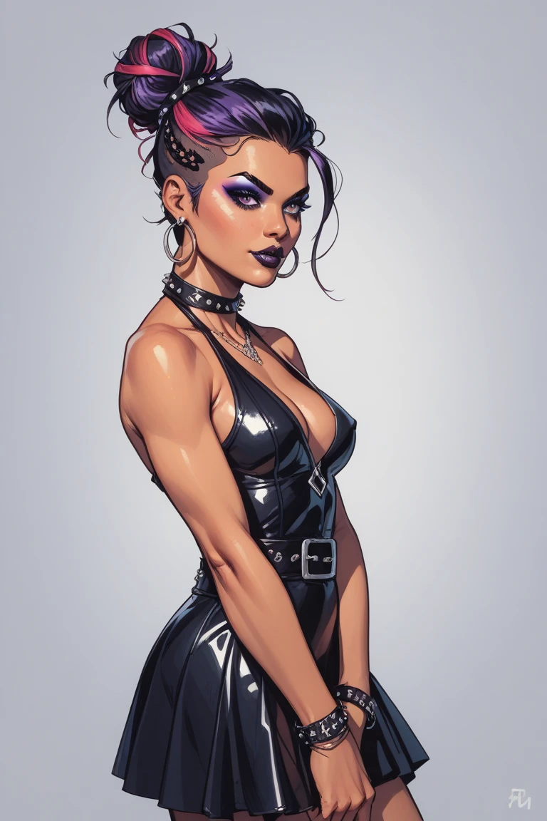 dutch angle, close up, torso shot,Gothic girl, dark purple hair, braided ponytail, perfect anatomy 1girl tall solo, dominatrix, ((pale skin)), slender body, black ornamental dentelle bra, slendered abs, ((black garter belt on hips)), midriff exposed, ((squeezed cleavage:1)), hourglass waist, detailed face, angular face, defined cheekbones, puffy lips, dark gauntlets, heavy makeup, laces, corset, choker, chains, jewelry, collar, detailed eyes, looking at viewer, masterpiece, black thigh highs, black lingerie, boots, high heels