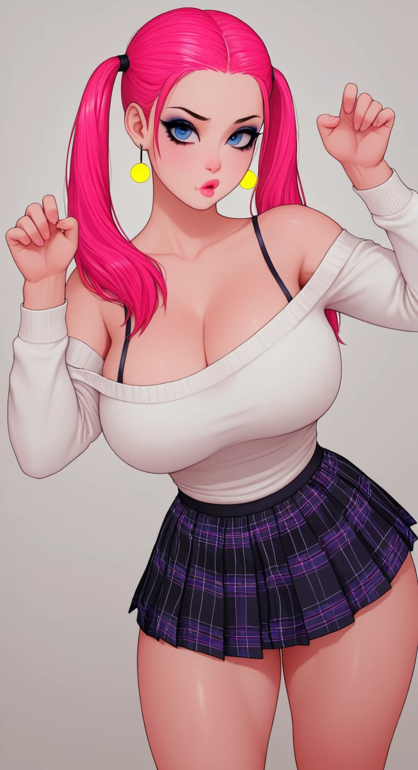 (ultra realistic,32k, masterpiece:1.1),(high detailed skin:1.1), 8k uhd, dslr, high quality, (thick\lips\),
aakaede,two-tone hair,side ponytail,sidelocks,hair scrunchie,gyaru,earrings,necklace,breasts,,red bowtie,collared shirt,pink shirt,long sleeves,bracelet,blue skirt,, , (huge breast:1.2),
(looking at viewer, standing, from below:1.1),,
,(iridescence:1.1), blank background