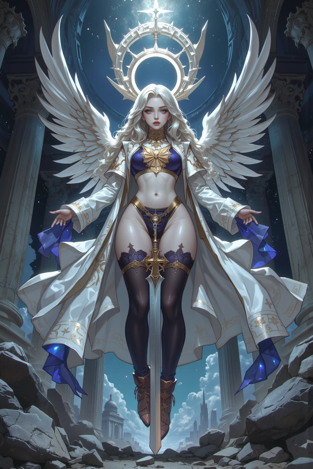 a goddess of the magic, sexy and beautiful, (have four hands), A pair of black and white feather wings behind the back, upright star totem float behind the back, magic circle on feets, halo, super textured skin, super detail face, perfect face, Super fine facial details, beautiful and delicate eyes, perfect eyes, correct limbs, correct figner, super detail figner, best hair quality, best clothing quality, best prop quality, best halo detail and quality, best magic circle detail and quality, complex halo detail, anatomically correct