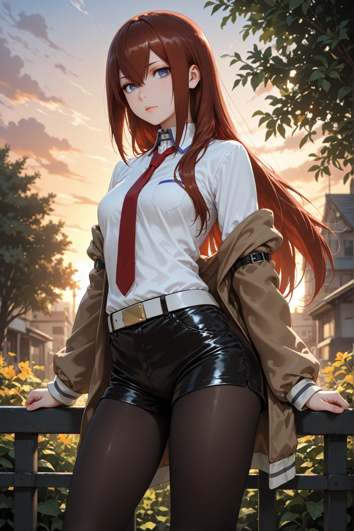 1girl, makise kurisu, blue eyes, short shorts, long hair, pantyhose, necktie, brown jacket, off shoulder, white shirt, red necktie, shirt, pantyhose under shorts, straight hair, dress shirt, belt, hair between eyes, collared shirt, standing, looking at the viewer, gentle smile, pretty, attractive, outdoors, garden, sunset, dynamic pose, best quality, masterpiece, ultra detailed, very aesthetic