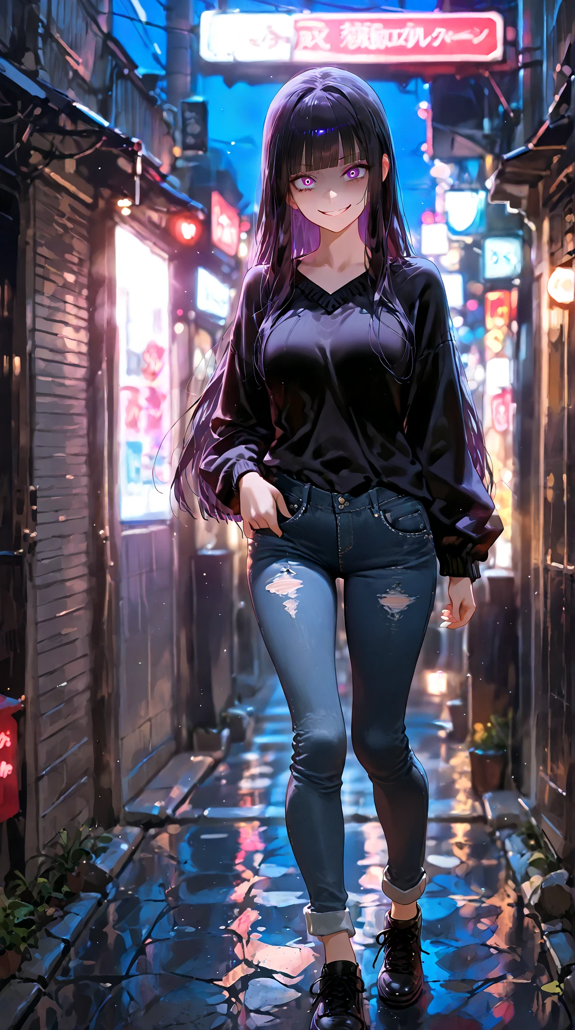 ((best quality, masterpiece, 8K)), (detailed), highly detailed face and skin texture, detailed eyes, downtown, full body, slender body, 1girl, 25 years old, white skin, blue eyes, worried, embarrassed, long hair, (forehead), stylish top, denim pants, blue jeans, footwear, peeing jeans, peeing pants, pee stain, (wetting herself), desperation,