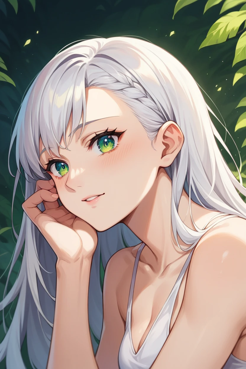 (tmasterpiece,best quailty),1 girl with long white hair sitting in a field of greenery and flowers,her hand under her chin,warmly lit,white swimwear,Blurred foreground