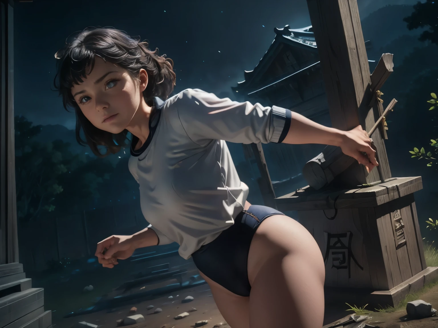 (masterpiece, highest quality), 1 Girl, beautiful face, beautiful body, wearing a Black gymnastics bloomers, High leg、white blouse, cowboy shot、Are standing、full body portrait、alone, complex details, enlarged textures, complex details, finely detailed eyes and detailed face, intricate details, (closed mouth), perfect eyes, equal eyes, perfect body, extremely detailed, (), extremely realistic 3d, The background is a shrine at night、Abandoned Shrine、 back view、 view from behind