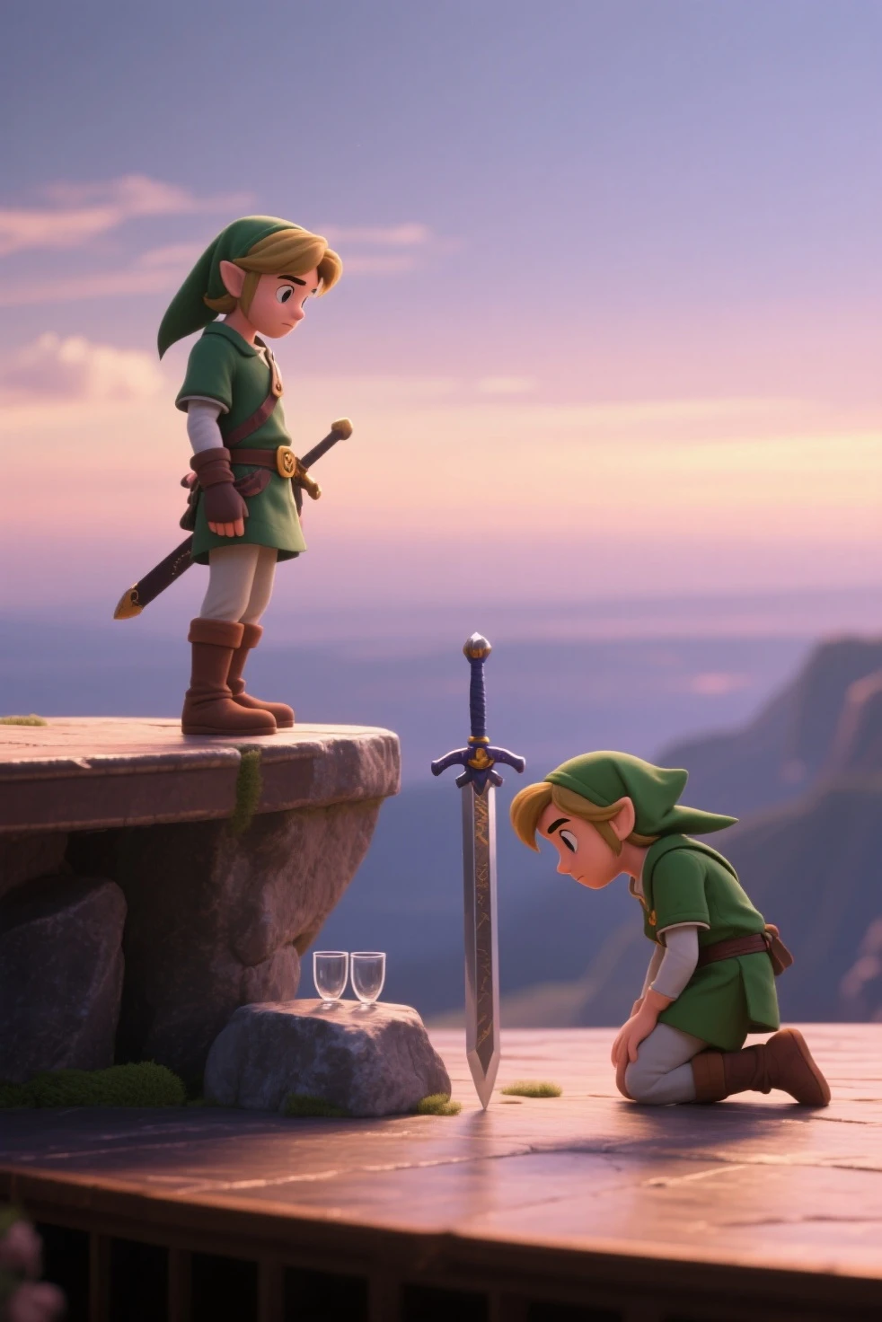 Legend of Zelda: link and Zelda passionate embrace after war by a fire