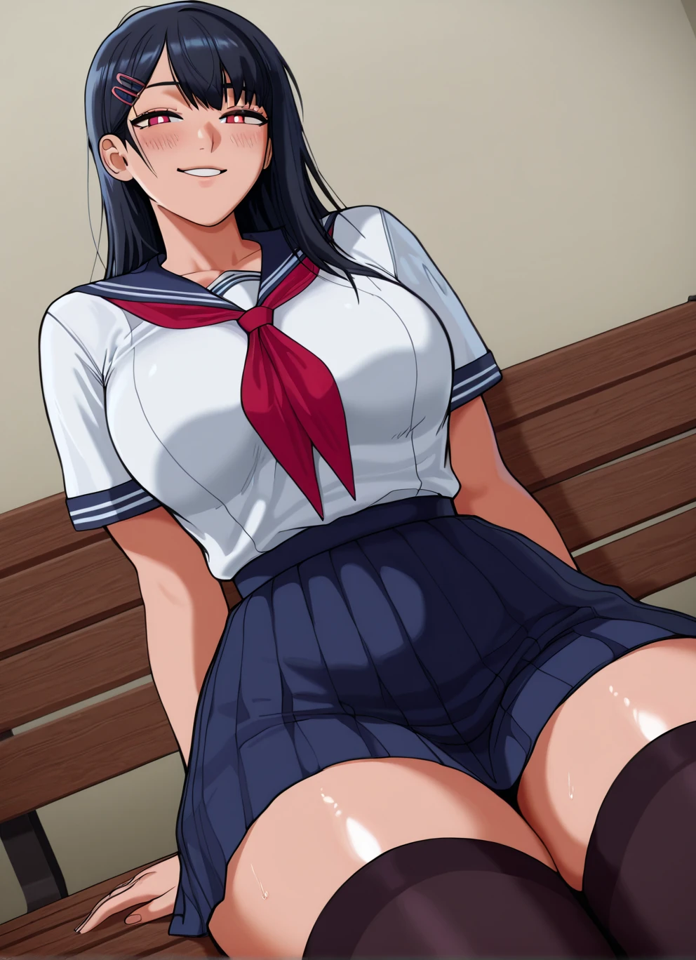 unparalleled masterpiece, 8k, high quality,perfect artwork, outdoor, 1girl,18yo,muscular female, kanu unchou,fingerless gloves, midriff, loose socks, no skirt, yellow neckerchief, earrings, loafers, low-tied long hair, hair over one eye, clean, beautiful face, pure face, pale skin, shiny hair, colored inner hair, detail hair, Long eyelashes, braid, (finely detailed beautiful eyes and face), hyper extreme detailed, stunning lighting effects, (sexy pose:1.2),large breasts,erected nipples,cleavage,navel,underboob,(micro panties,cameltoe:1.2),from below,(see through white shirt:1.3),spread legs,(red blush,embarrassment:1.2),sitting,(sweat:1.2),looking down