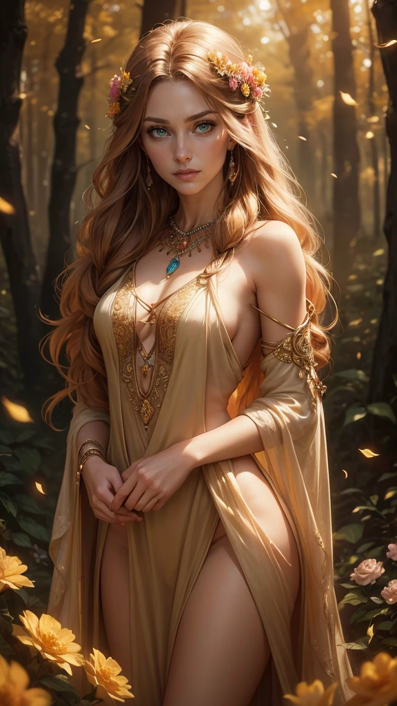 a beautiful redheaded asian girl, long very very silky hair, elegant and sexy elf dress, dense forest, no sunlight, detailed face and eyes, very big tits (best quality,4k,8k,highres,masterpiece:1.2),ultra-detailed,(realistic,photorealistic,photo-realistic:1.37),magical fantasy atmosphere,fantasy,concept art
