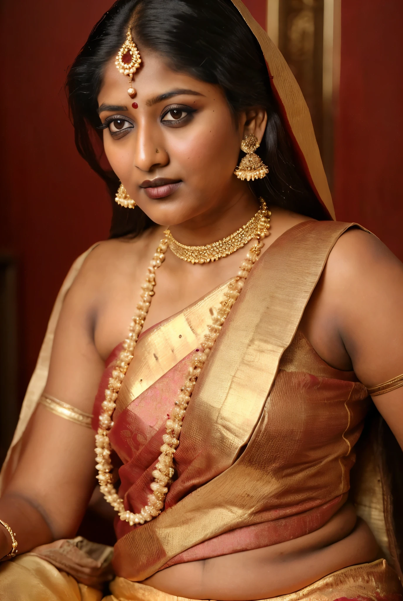arafed woman in a pink sari, looks like Sandeepa Dhar, thick figure, curvy, traditional beauty, hindu aesthetic, assamese aesthetic, traditional makeup, indian goddess, indian girl with brown skin, wearing bihu dress mekhela sador, indian style, indian, gorgeous woman, south east asian with round face, a stunning portrait of a goddess, beautiful himalayan woman