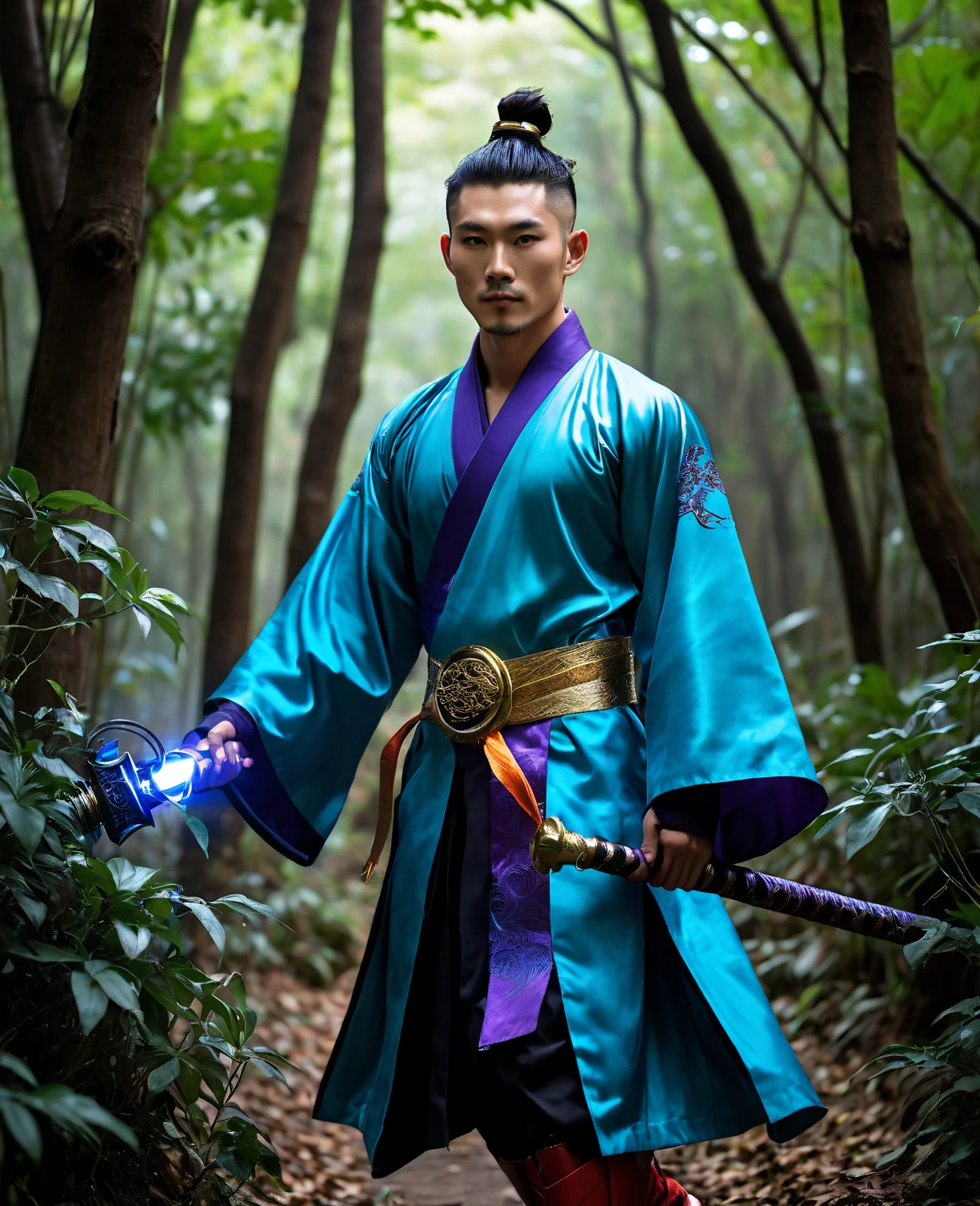 Masterpiece, top quality, blue hair, blue lightning, pointing the finger at yourself. Magic. Another world. Blue smoke billows. Handsome. Handsome man. Cool. A man in his 20s. Eyes that glow blue. Blue thunder. Suit. Airborne particles. Cloak. Necklace. Robe of feathers. A large sword with a blue pattern. Gold feather robe. Gold crown with diamonds. God.